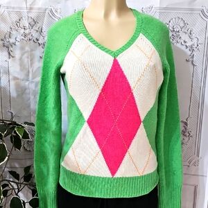 Lilly Pulitzer NWOT Cashmere Green/Pink V-Neck Sweater Medium